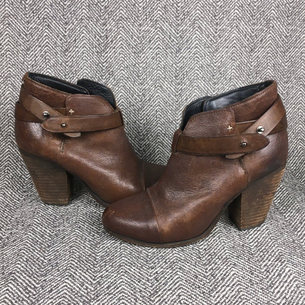 Rag & Bone Harrow Brown Leather Ankle Boots Stacked Heel US 7 EU 37